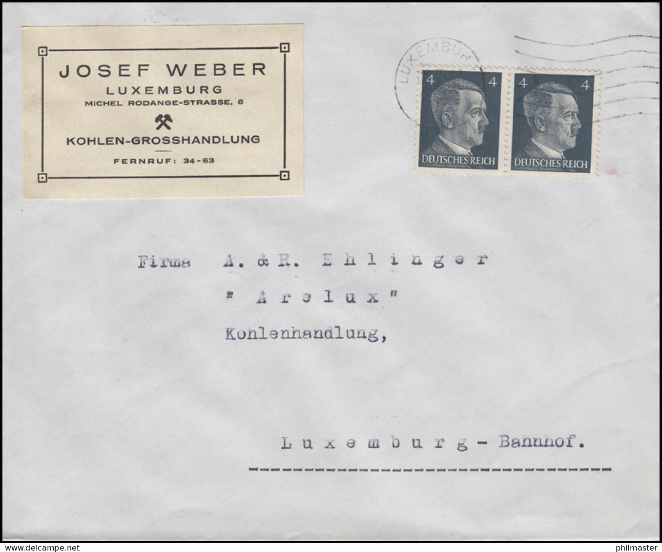 Freimarke Hitler 2x4 Pf. Paar Bf. Kohlenhandel Weber LUXEMBURG 12.7.42 An Arelux - Fabriken Und Industrien