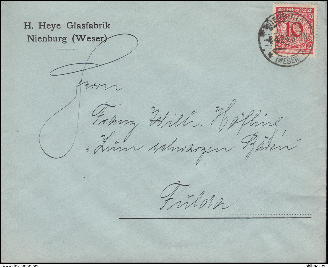 340Pa Korbdeckel EF Brief Glasfabrik H. Heye NIENBURG/WESER 4.4.1924 Nach Fulda - Glas & Fenster