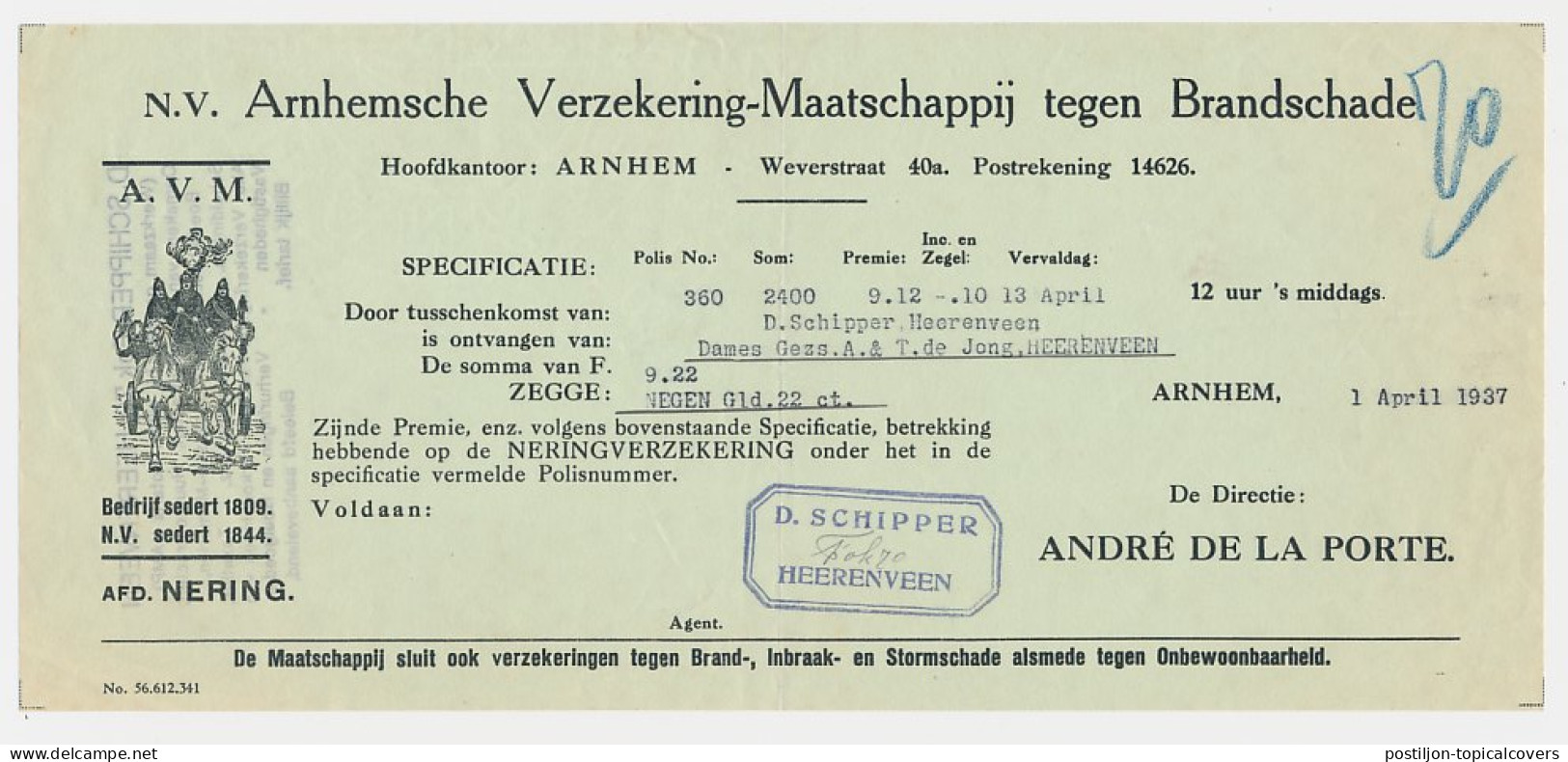 Kwitantie Arnhem 1937 - Verzekering Maatschappij - Brandweer - Nederland