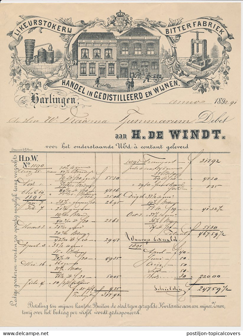 Nota Harlingen 1891 - Likeurstokerij - Bitterfabriek- Wijnhandel - Pays-Bas