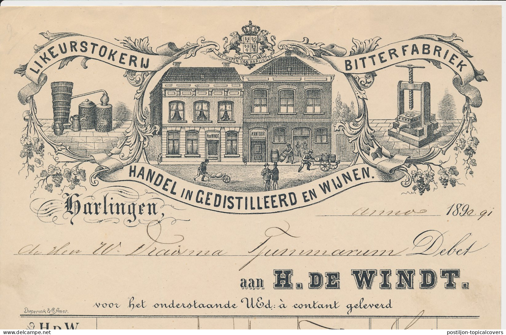 Nota Harlingen 1891 - Likeurstokerij - Bitterfabriek- Wijnhandel - Paesi Bassi