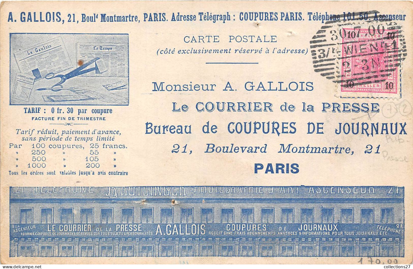 PARIS-75002- BUREAU DE COUPURES DE JOURNAUX- MR. A. GALLOIS- 21 BLD DE MONTMARTRE - Paris (02)