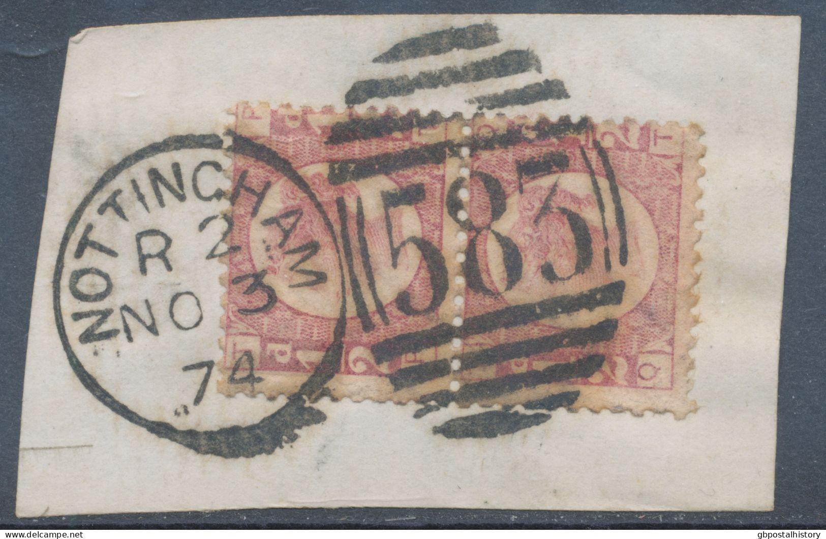 GB QV ½d Plate 5 (pair, PT-QT) Very Fine Used On Piece With Duplex „NOTTINGHAM / 583“, Nottinghamshire (4VODB, Time Code - Used Stamps