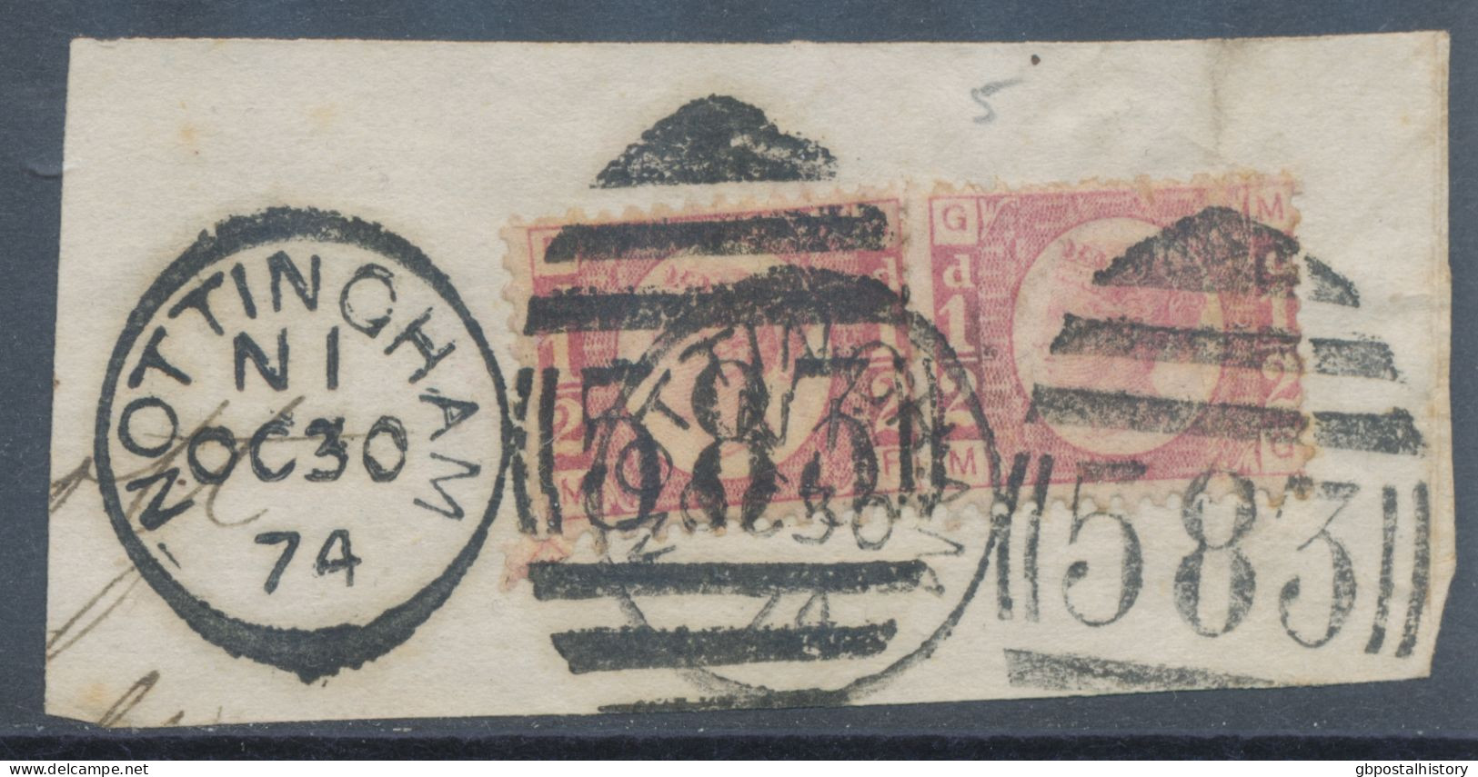 GB QV ½d Plate 5 (2, MF, MG) Very Fine Used On Piece With Duplex „NOTTINGHAM / 583“, Nottinghamshire (3VOD, Time Code „N - Oblitérés