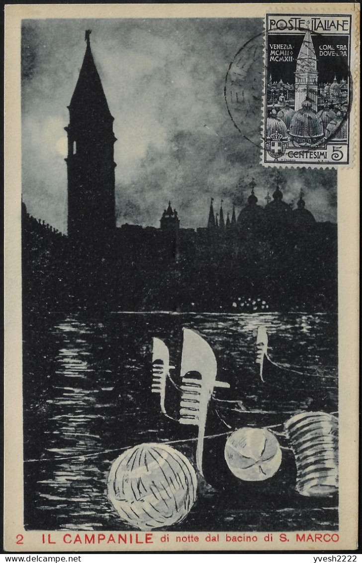 Italie 1912 Y&T 93. Carte Maximum. Reconstruction Du Campanile Saint Marc à Venise. Vue De Nuit - Churches & Cathedrals