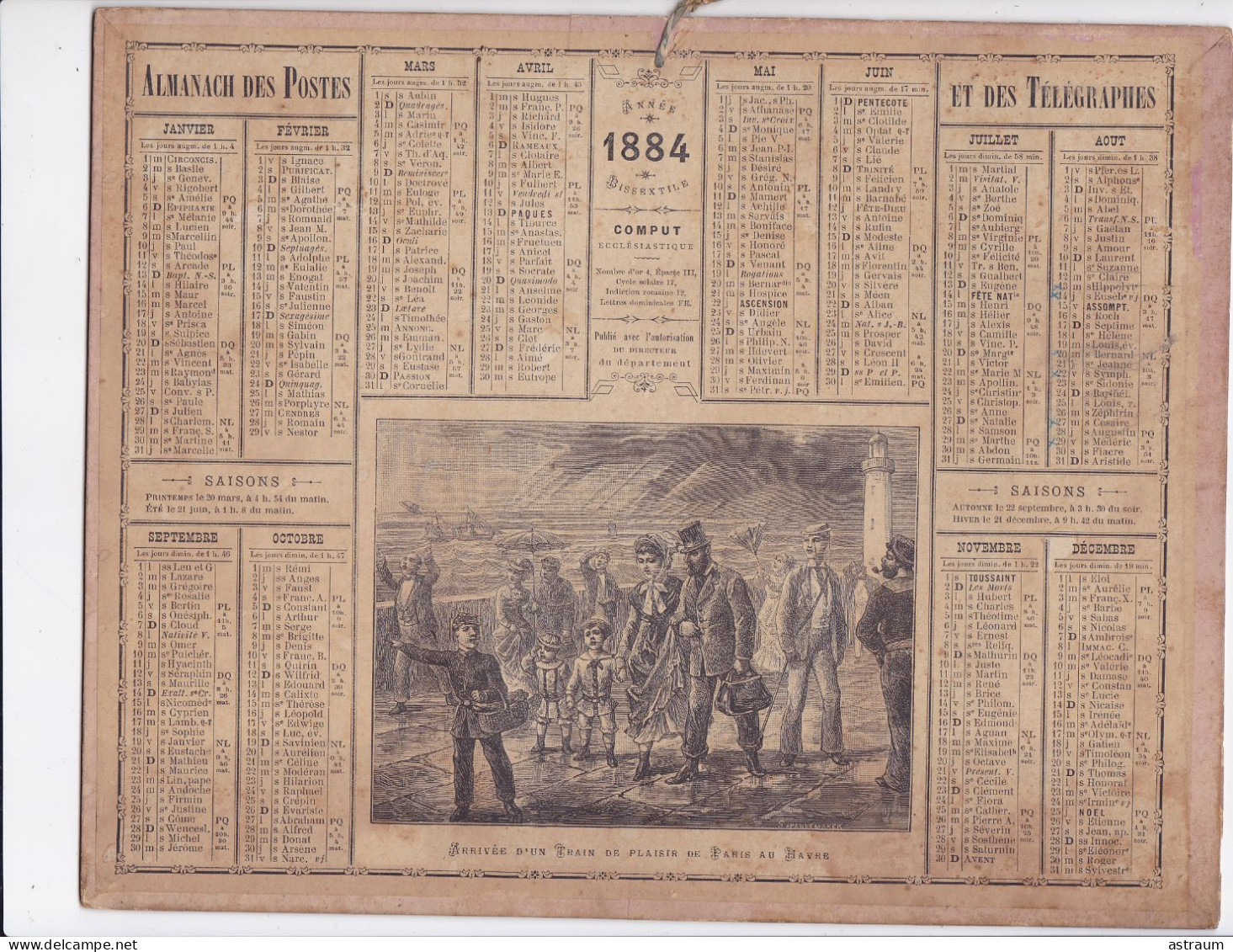 Calendrier Almanach 1884 - Arrivée D'un Train De Plaisir De Paris Au Havre- Oberthur Rennes -illustrateur St. Pannemaker - Big : ...-1900