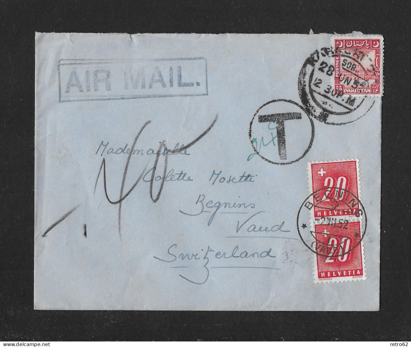 1952 TAXIERTER INCOMING-BRIEF ► Air Mail Incoming Brief Pakistan Taxiert Mit 40 Rp. Nach Begnins / VD - Segnatasse