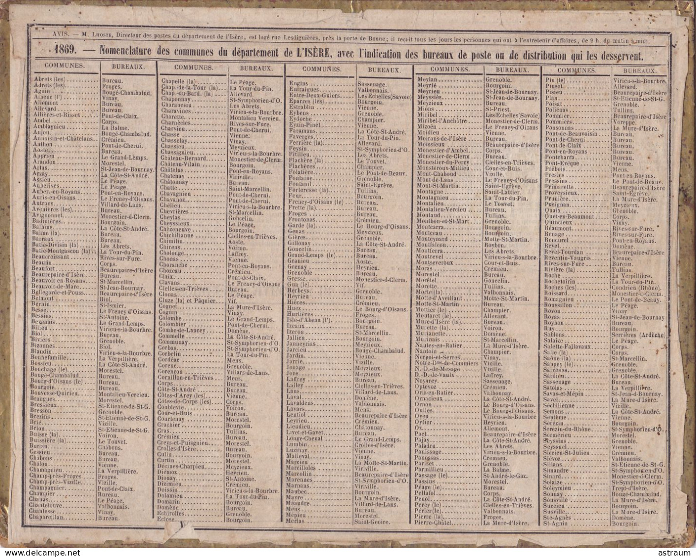 Calendrier  Almanach 1869 Oberthur Rennes Le Defile Des ...- Nomenclature Des Communes De L'isere - Grossformat : ...-1900