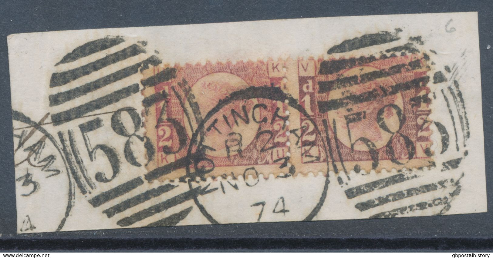 GB QV ½d Plate 5 (pair, KU-KV) Superb Used On Piece With Duplex „NOTTINGHAM / 583“, Nottinghamshire (4VODB, Time Code „R - Oblitérés