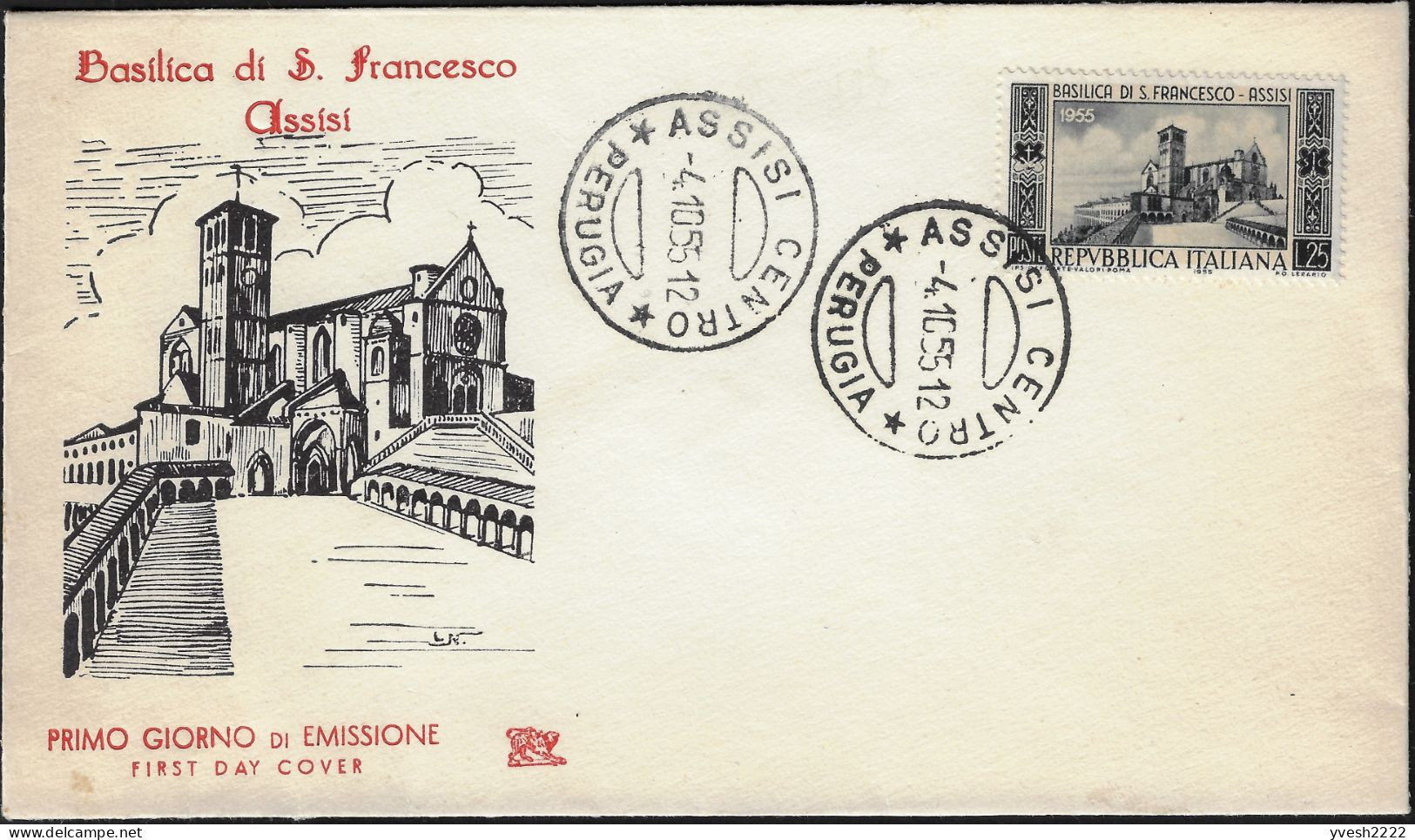 Italie 1955 Y&T 696 Sur FDC. 700 Ans De La Basilique Saint-François, Assise - Churches & Cathedrals