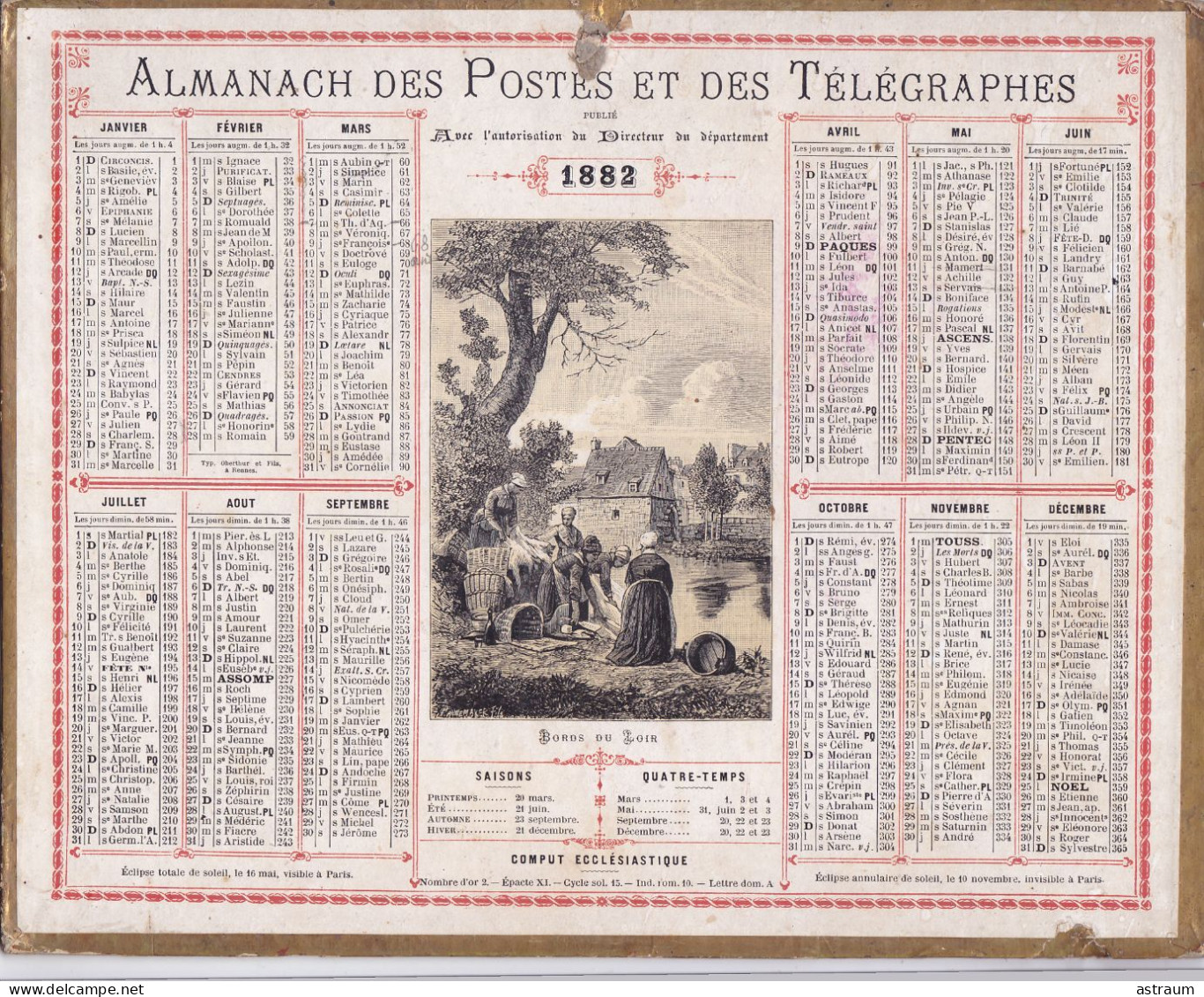 Calendrier Almanach 1882 - Bord Du Loir - Oberthur Rennes - Illustrateur Pannemaker Fils - Formato Grande : ...-1900