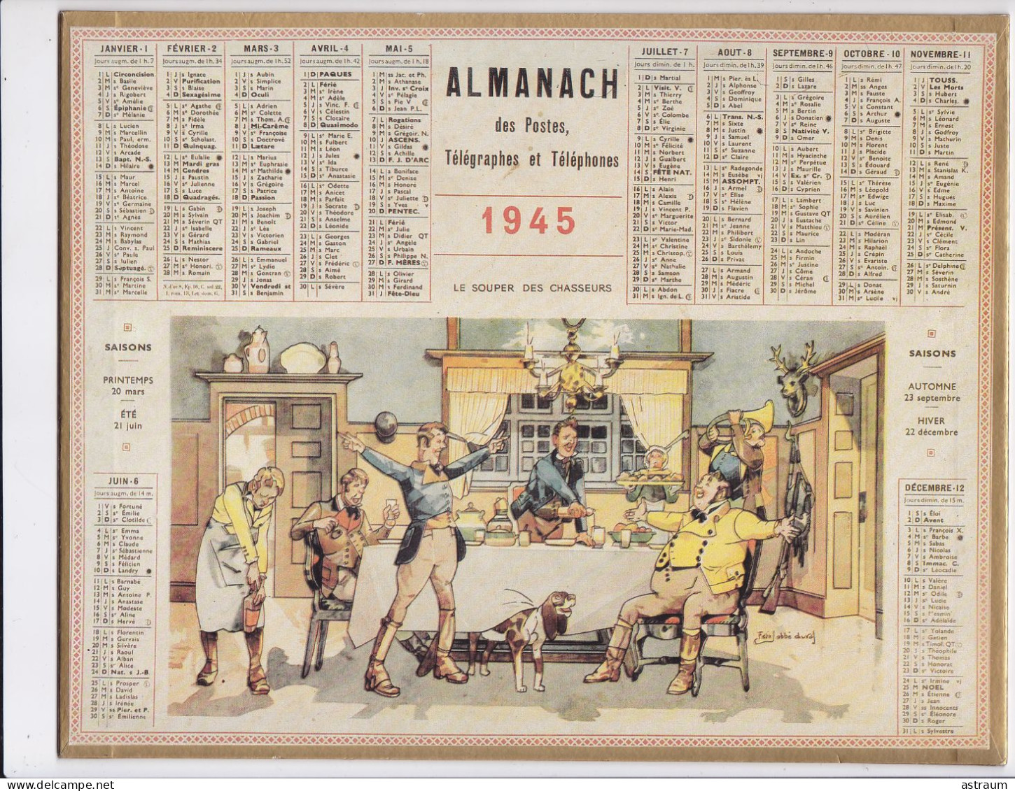 Calendrier Almanach 1945 - Le Souper Des Chasseurs - Illustrateur Felix Labbe Duval - Groot Formaat: 1941-60