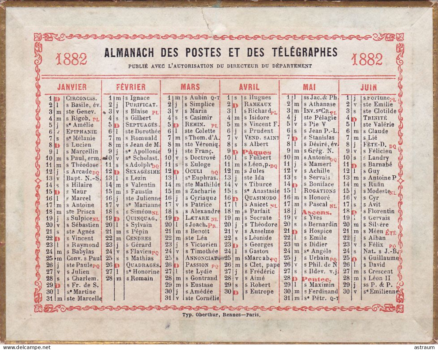 Calendrier  Almanach 1882 Oberthur Rennes - - Small : ...-1900