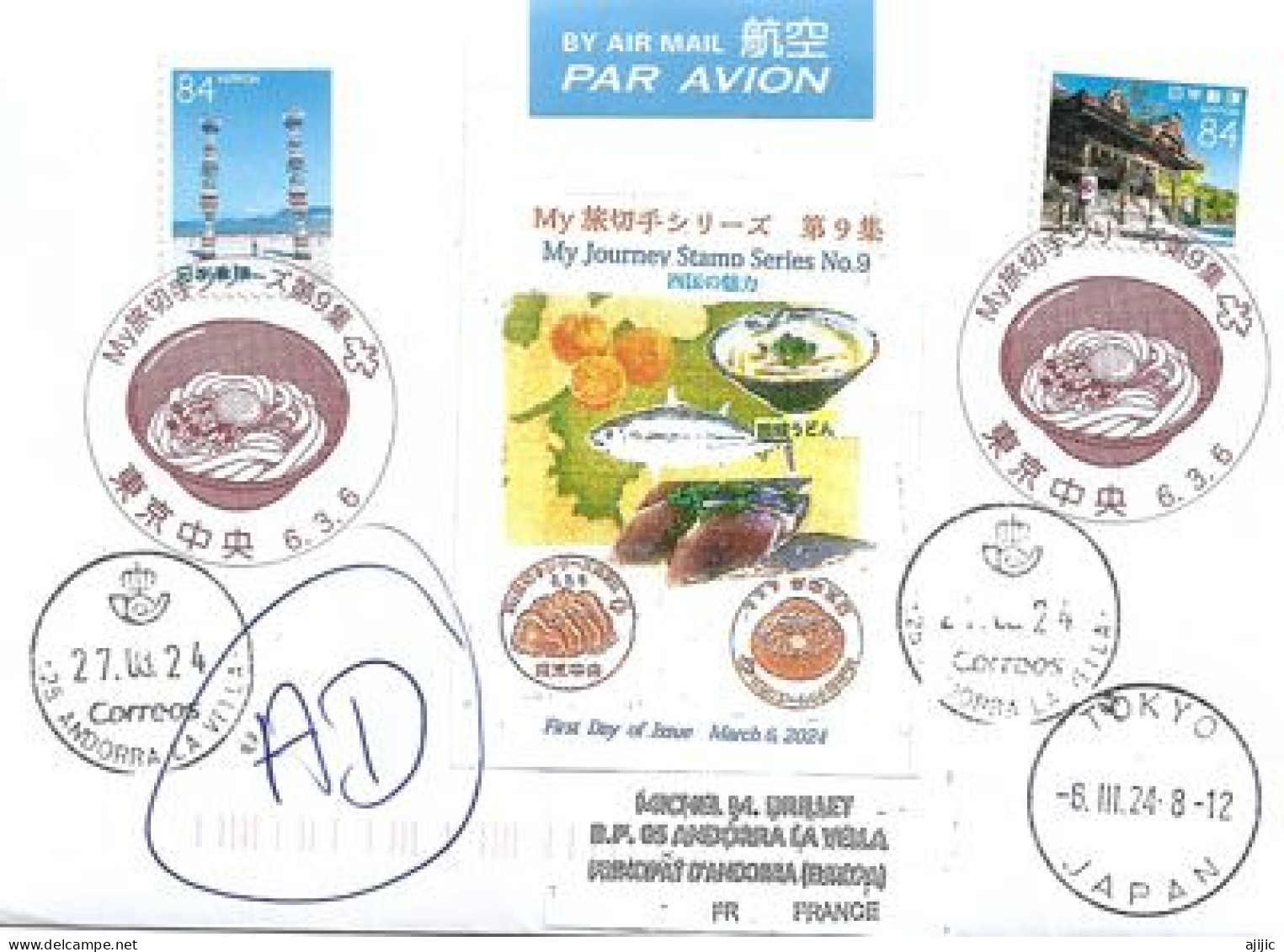 2024 My Journey Stamp - Mon Voyage Au Japon (La Gastronomie Japonaise), Lettre Tokyo à Andorra - Brieven En Documenten