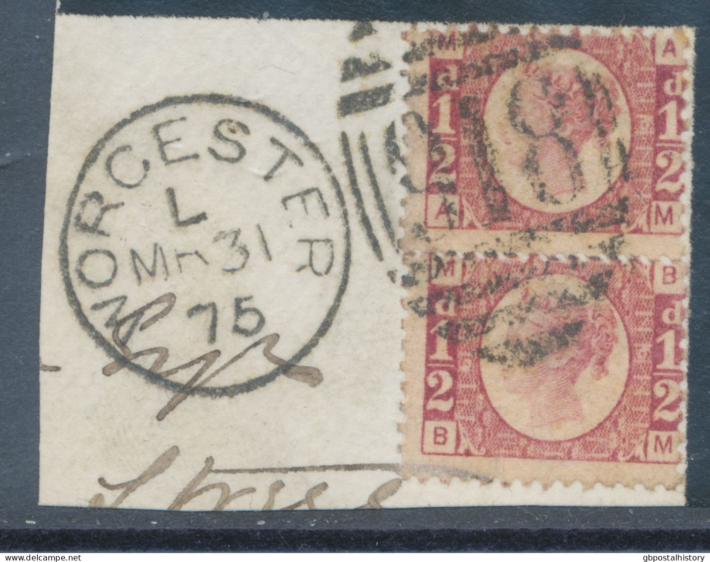 GB QV ½d Plate 6 (pair, AM-BM) Superb Used On Piece With Duplex „WORCESTER / 918“, Worcestershire (4VOD, Time Code „L“), - Gebruikt