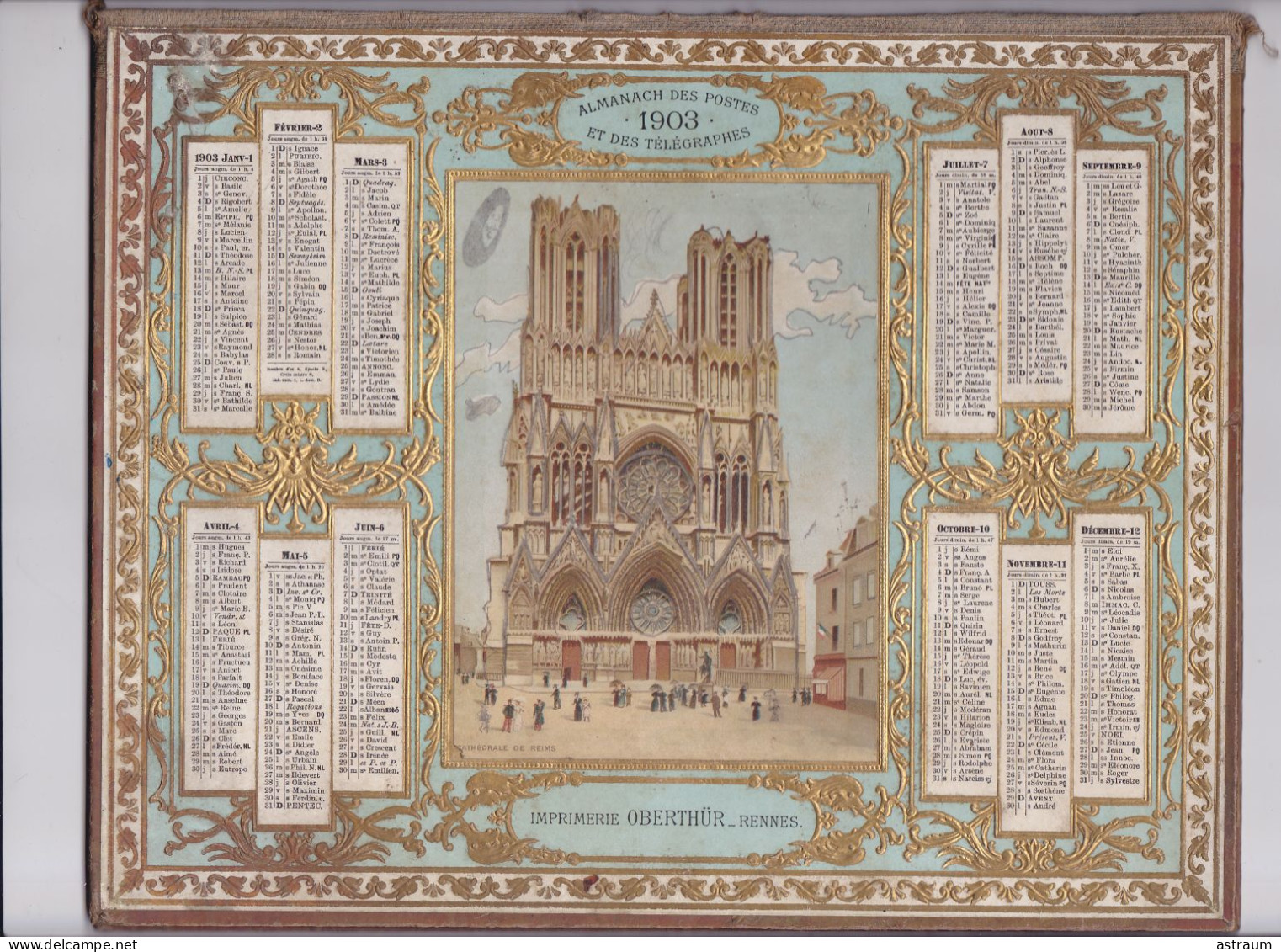 Calendrier Almanach Complet 1903 -pas Sur Delc.- Cathedrale De Reims - Dorure - Oberthur Rennes - - Groot Formaat: 1901-20
