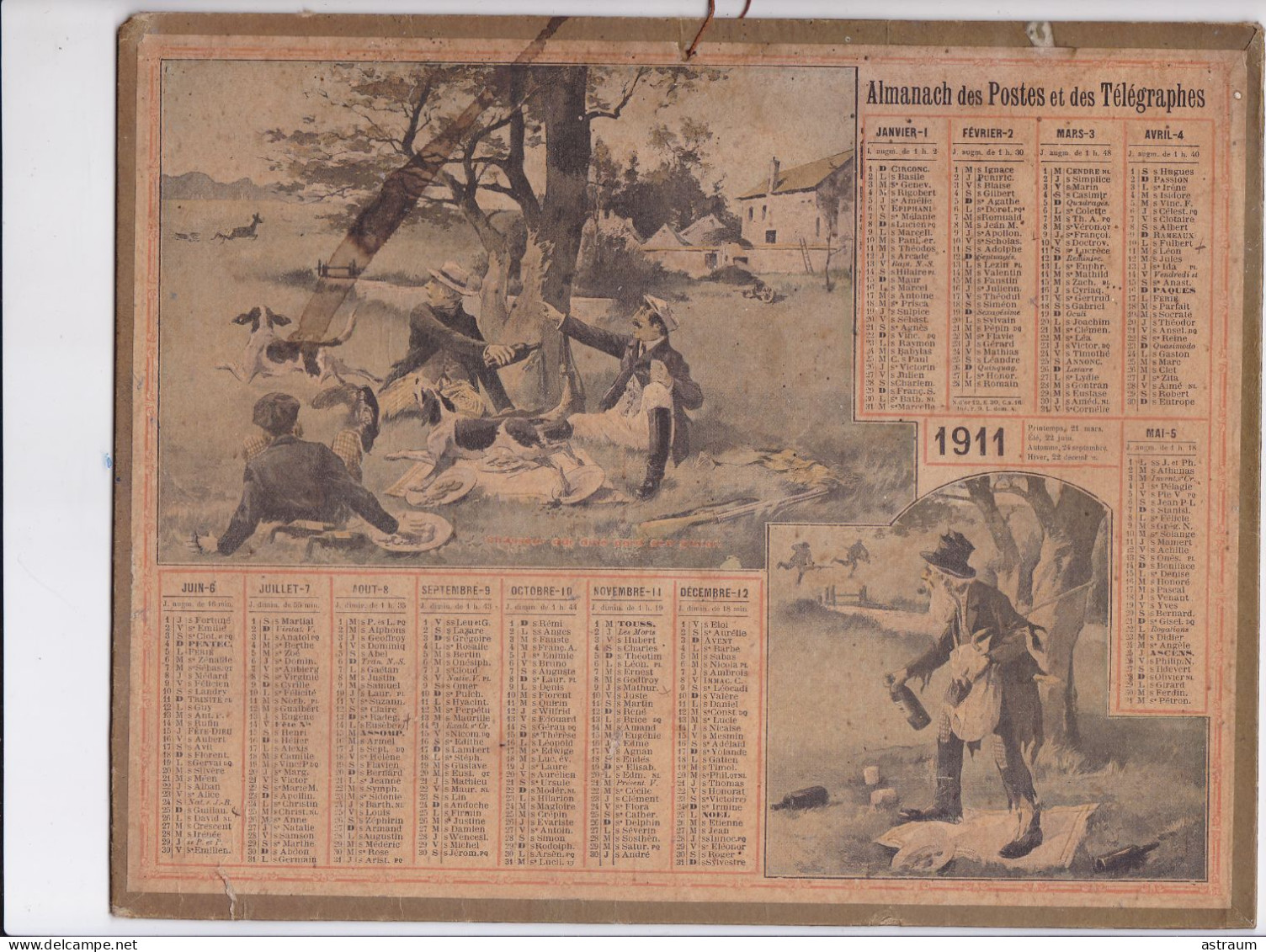 Calendrier Almanach Complet 1911 -pas Sur Delc.- Chasseur Qui Dine Perd Son Gibier ( Proverbe) - Oberthur Rennes ?- - Groot Formaat: 1901-20