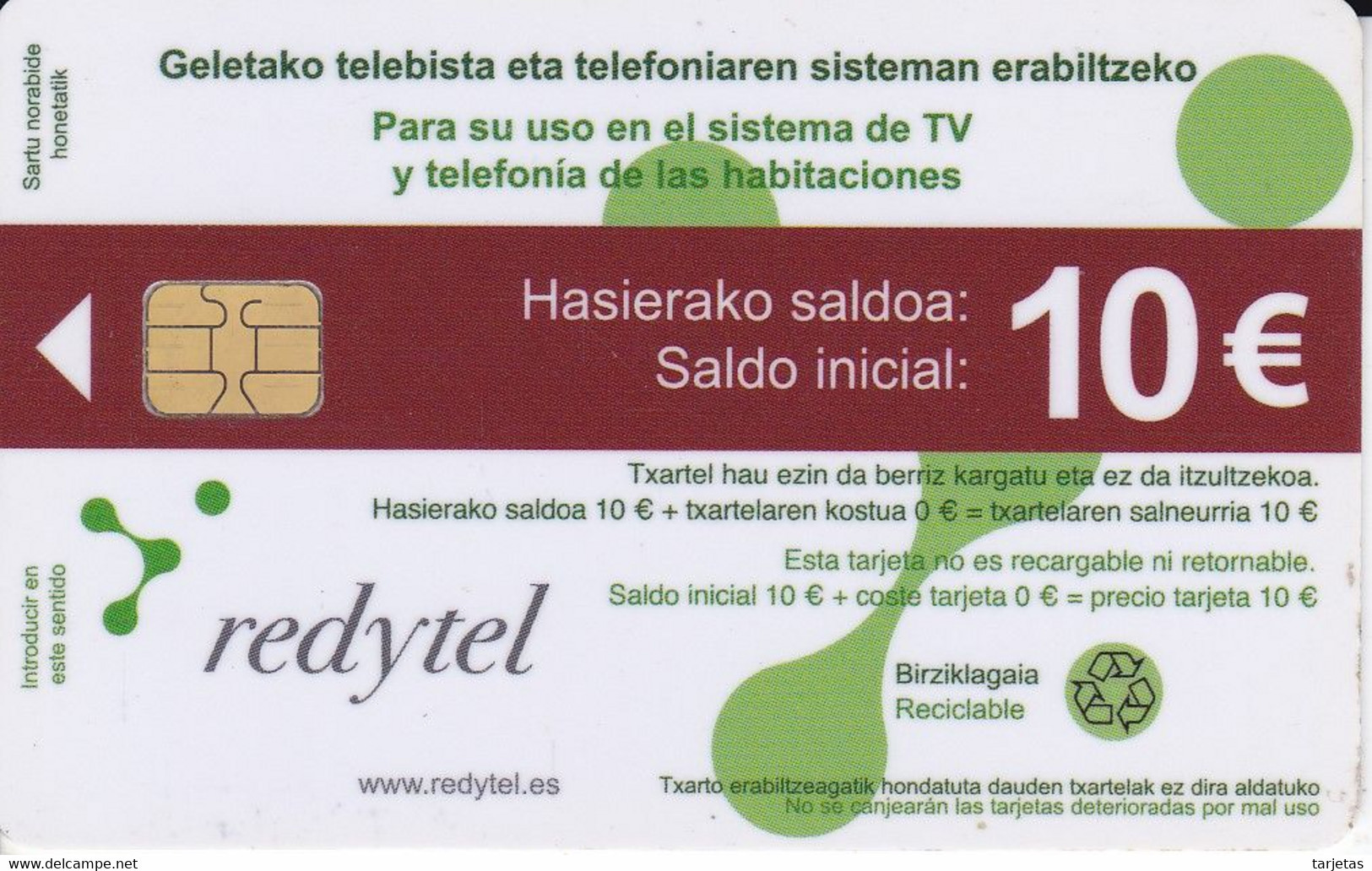 TARJETA  DE 10€ DE HOSPITALES TV Y TELEFONO REDYTEL (PAIS VASCO) RARA - Altri & Non Classificati