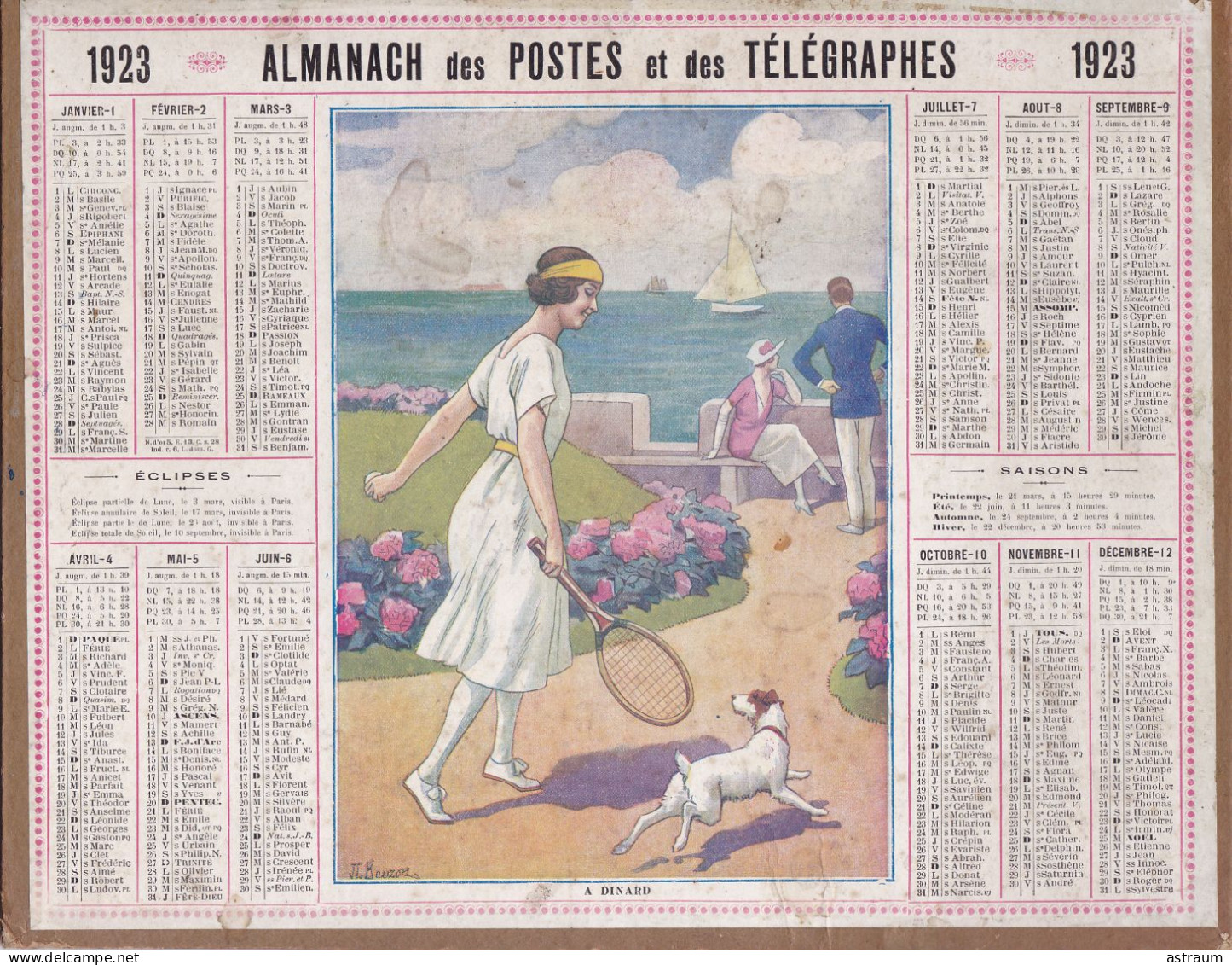 Calendrier Almanach Complet 1923 -pas Sur Delc.- A DINARD ( 35 ) Joueuse De Tennis Avec Son Chien - Oberthur Rennes ?- - Grossformat : 1921-40