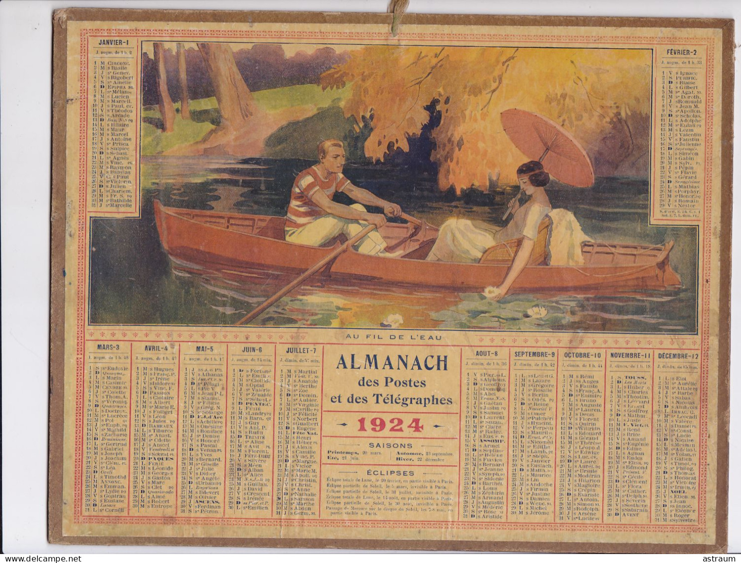 Calendrier Almanach Complet 1924 -pas Sur Delc.- Au Fil De L'eau ( Couple En Barque ) - Oberthur Rennes ?- - Tamaño Grande : 1921-40