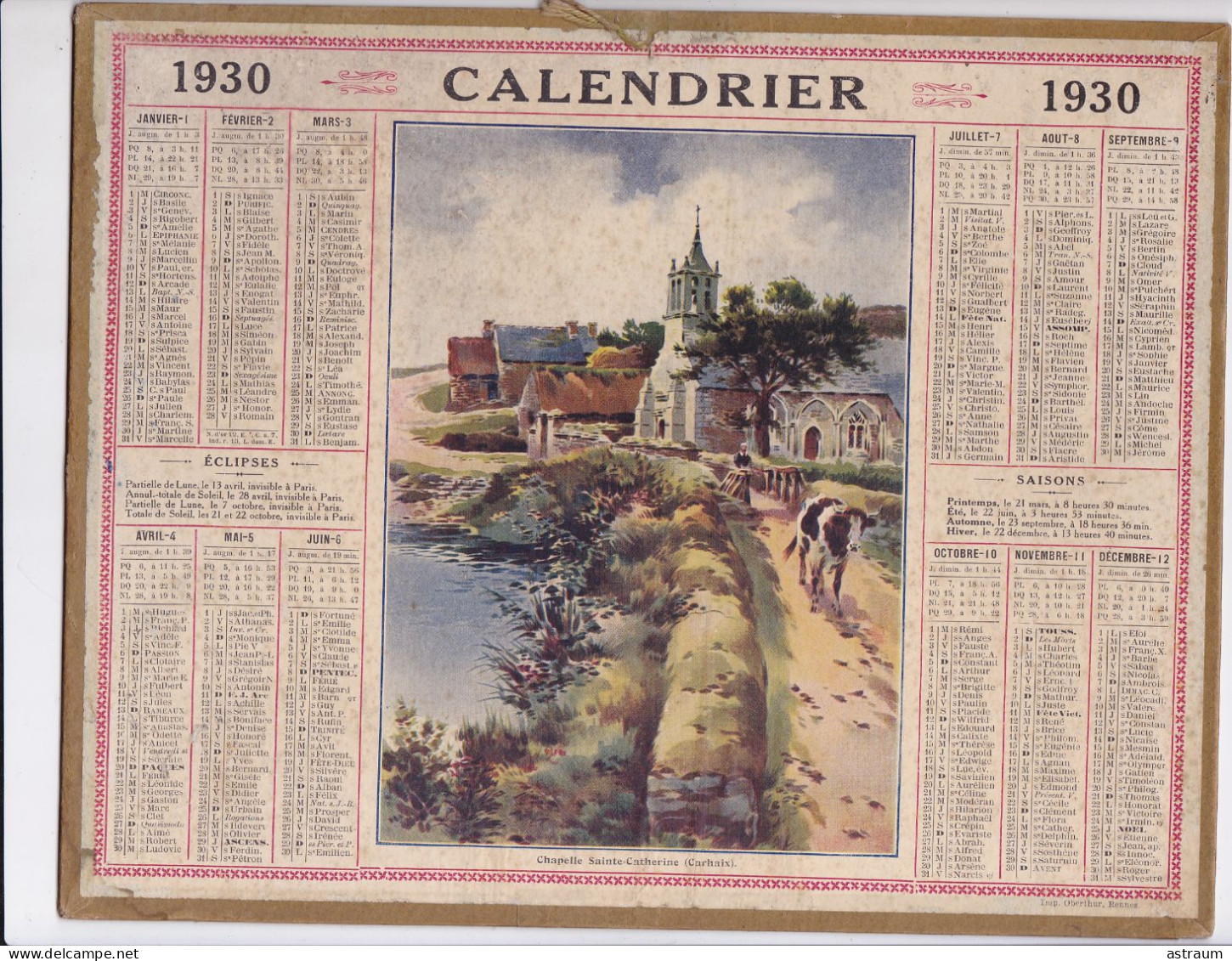 Calendrier Almanach Complet 1930 -pas Sur Delc.- Chapelle Ste Catherine ( Carhaix ) - Oberthur Rennes ?- - Grand Format : 1921-40
