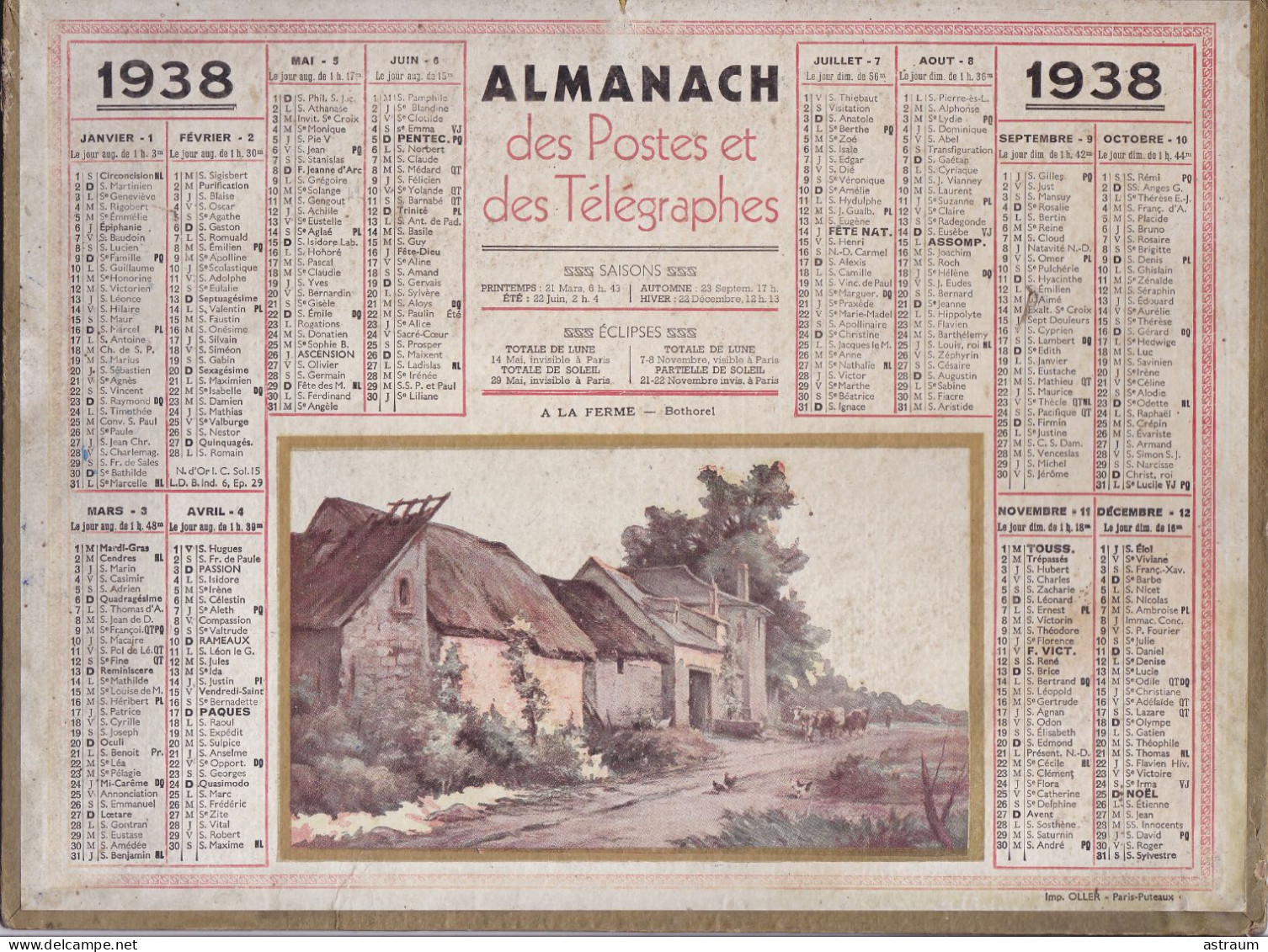 Calendrier Almanach Complet 1938 -pas Sur Delc.-  A La Ferme ( Bothorel ) - Imp. Oller - Tamaño Grande : 1921-40