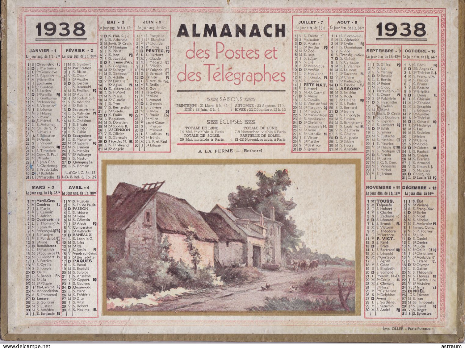 Calendrier Almanach Complet 1938 -pas Sur Delc.-  A La Ferme ( Bothorel ) - Imp. Oller - Formato Grande : 1921-40