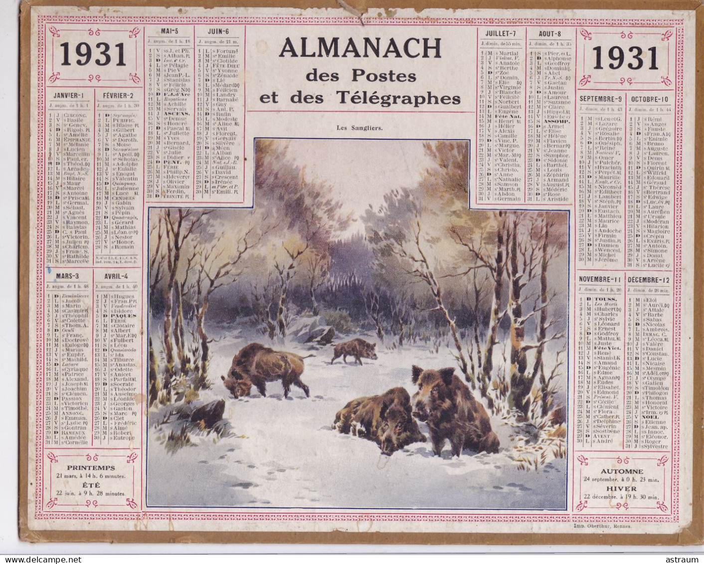 Calendrier Almanach Complet 1931 -pas Sur Delc.-  Les Sangliers - Imp. Oberthur - Big : 1921-40