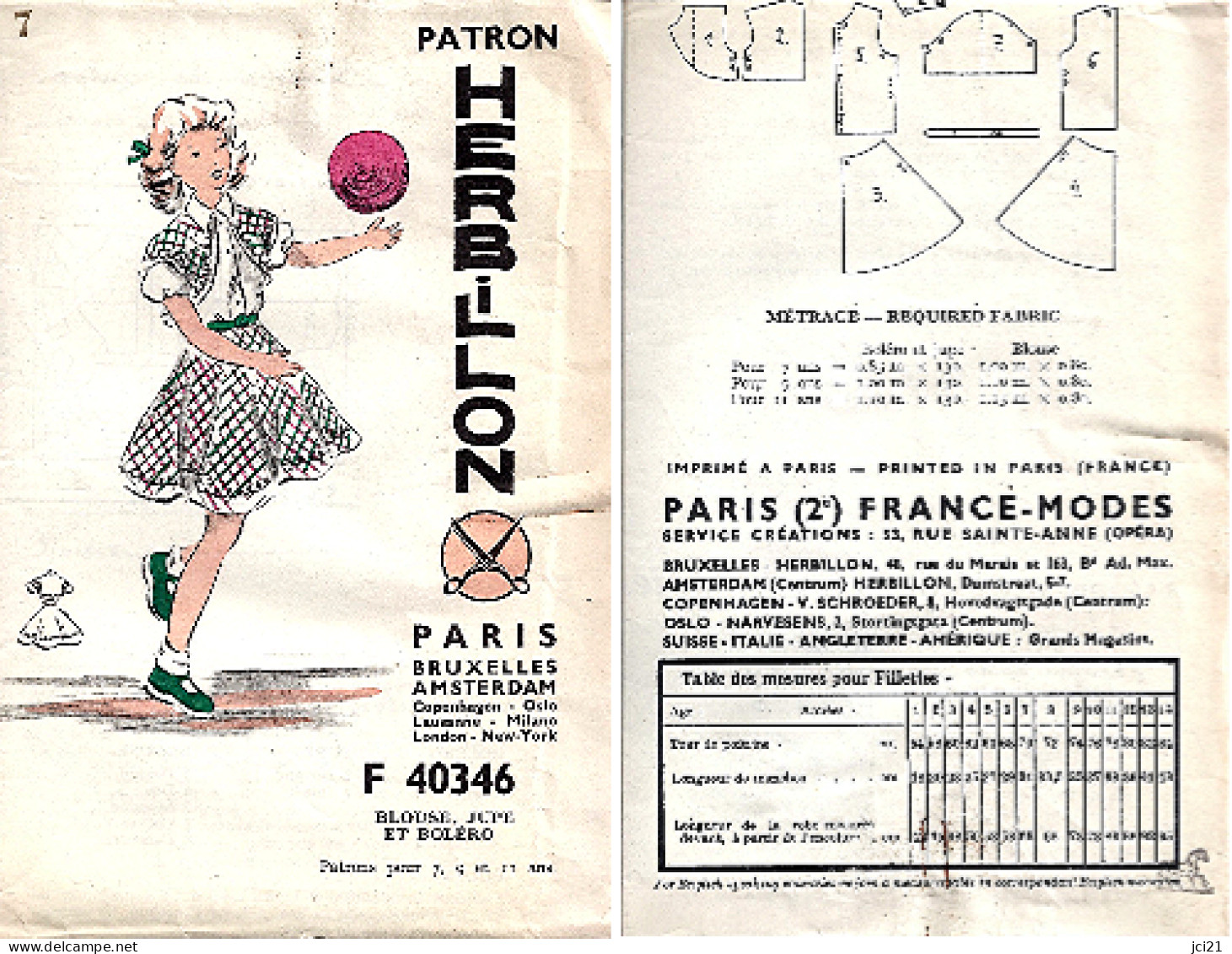 Patron HERBILLON "Blouse, Jupe Et Boléro" Pour Fillette De 7, 9 Et 11 Ans (40346)_L34 - Patrones