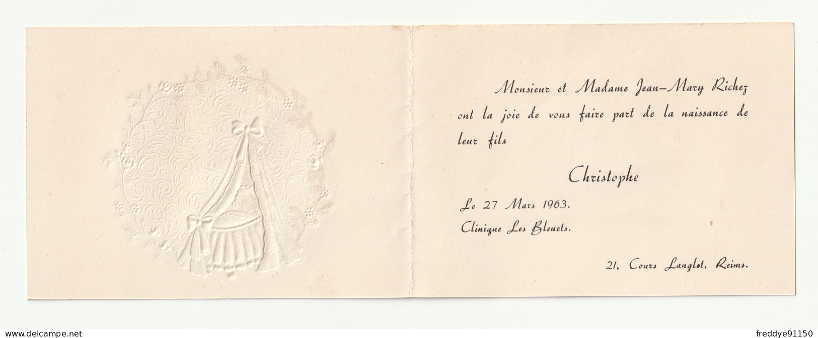 Faire Part De Naissance . Mr Et Mme  Jean Mary RICHEZ . Fils Christophe 27 Mars 1963 . 11X 8 Cm . Motif En Relief . - Nacimiento & Bautizo