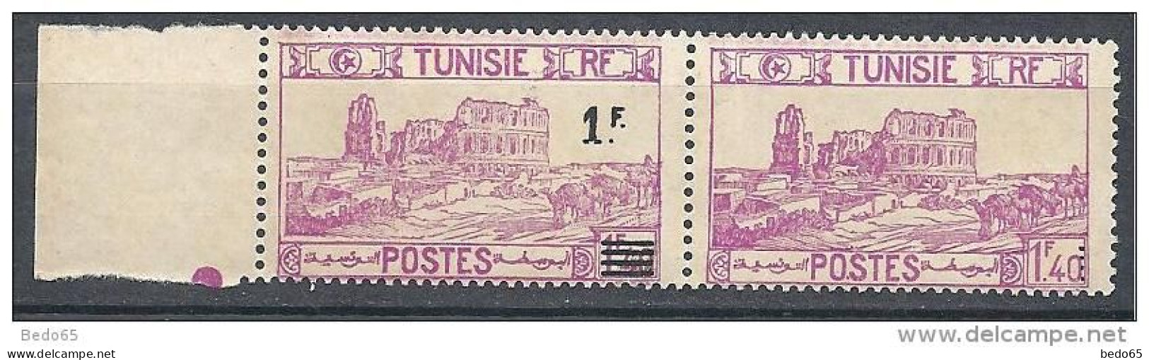 TUNISIE N° 225d VARIETEE SURCHARGE TENANT A UN NON SURCHARGE NEUF** TTB COTE Yvert 585€ / Signé / 2 SCANS - Nuevos