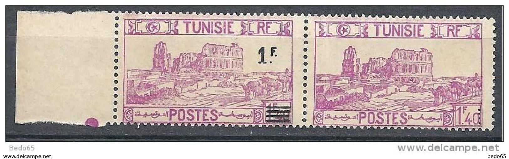 TUNISIE N° 225d VARIETEE SURCHARGE TENANT A UN NON SURCHARGE NEUF** TTB COTE Yvert 585€ / Signé / 2 SCANS - Neufs