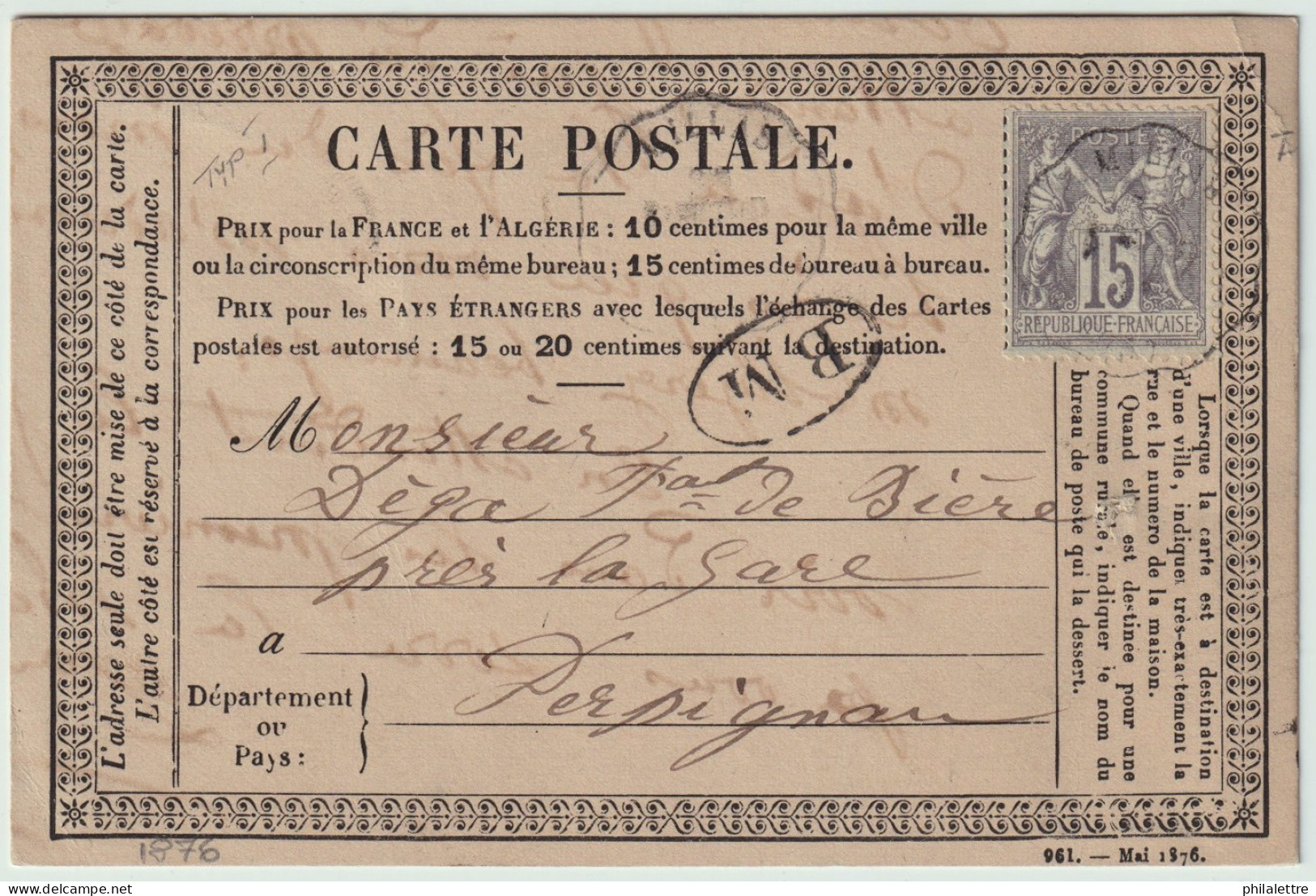 FRANCE 1876 (20 Août) - "BM" Sur Carte Précurseur Affr. 15c Sage Type I De MILLAU à PERPIGNAN - TàD Convoyeur-Station - 1849-1876: Classic Period