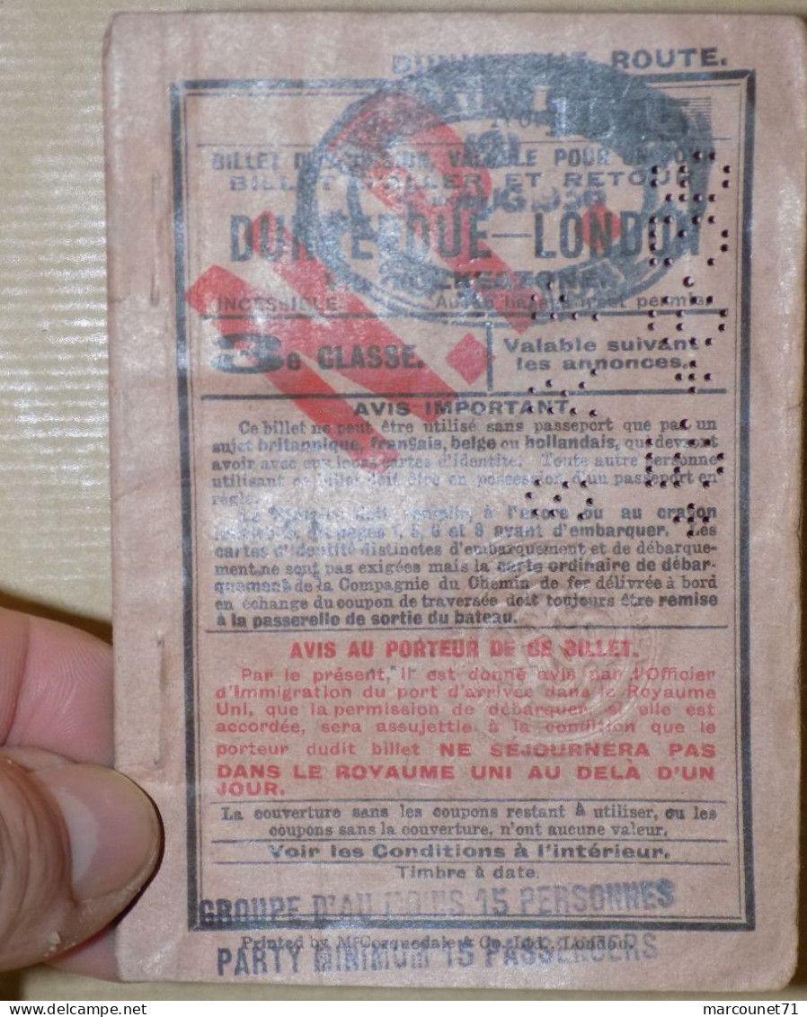 ANCIEN ET RARE DOCUMENT BILLET D'EXCURSION DUNKERQUE LONDON VIA FOLKESTONE 1913 - Transport