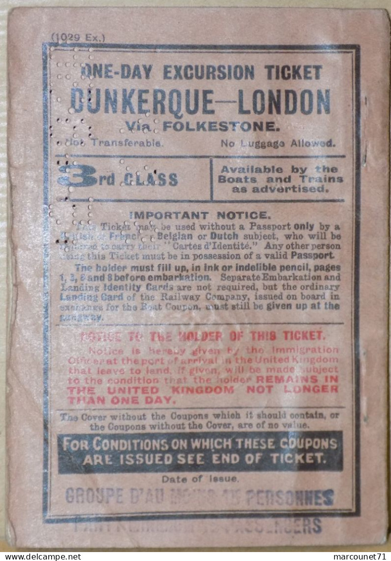 ANCIEN ET RARE DOCUMENT BILLET D'EXCURSION DUNKERQUE LONDON VIA FOLKESTONE 1913 - Transports