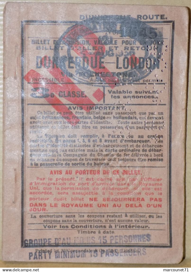 ANCIEN ET RARE DOCUMENT BILLET D'EXCURSION DUNKERQUE LONDON VIA FOLKESTONE 1913 - Transports