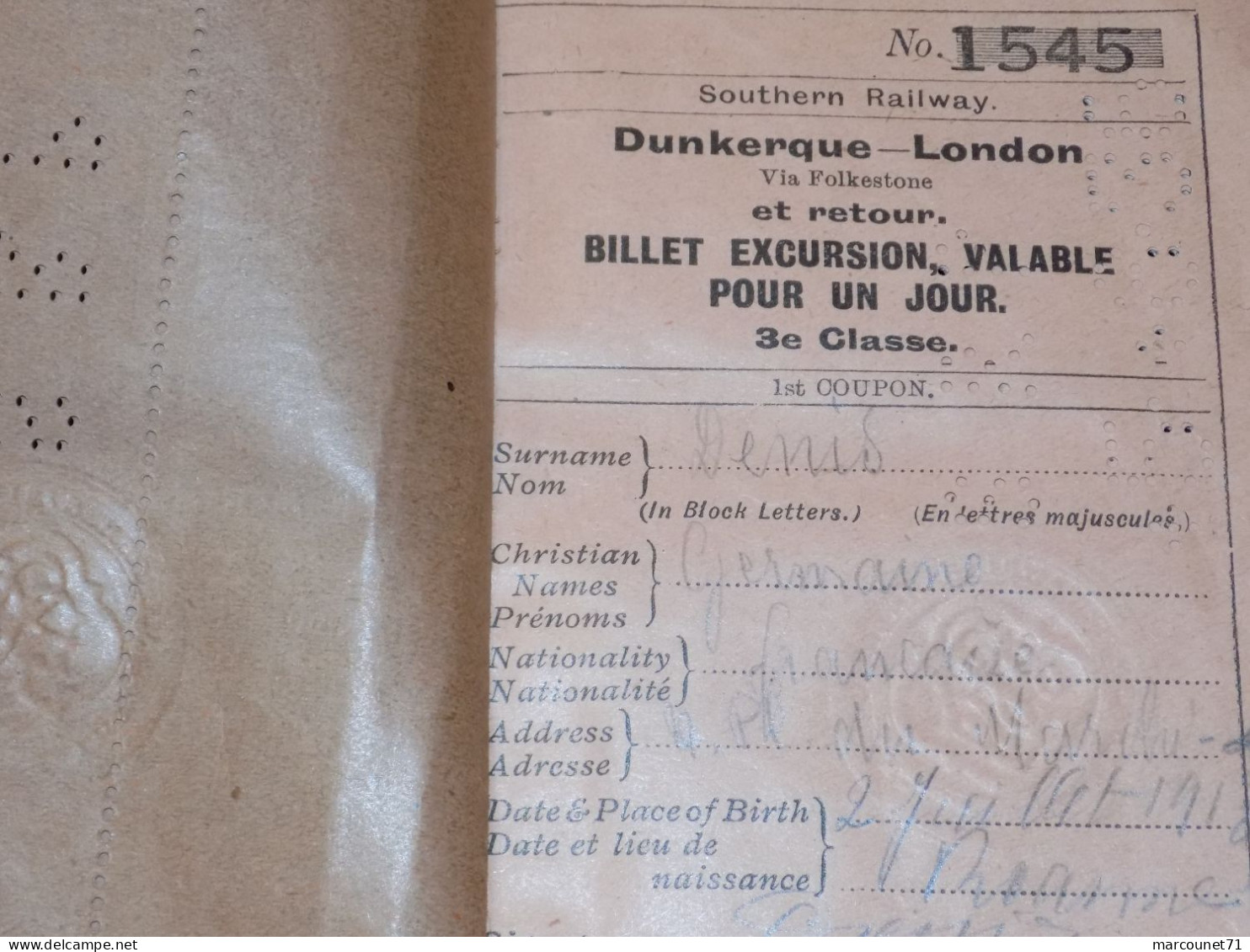 ANCIEN ET RARE DOCUMENT BILLET D'EXCURSION DUNKERQUE LONDON VIA FOLKESTONE 1913 - Verkehr & Transport