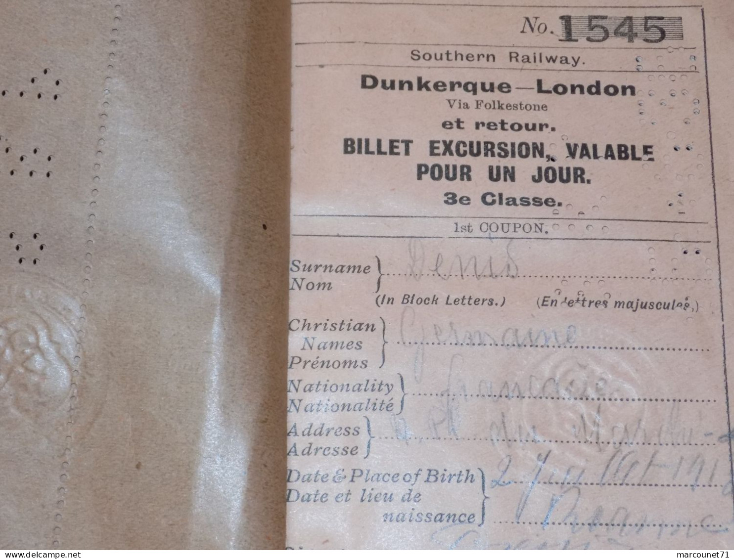 ANCIEN ET RARE DOCUMENT BILLET D'EXCURSION DUNKERQUE LONDON VIA FOLKESTONE 1913 - Transportmiddelen