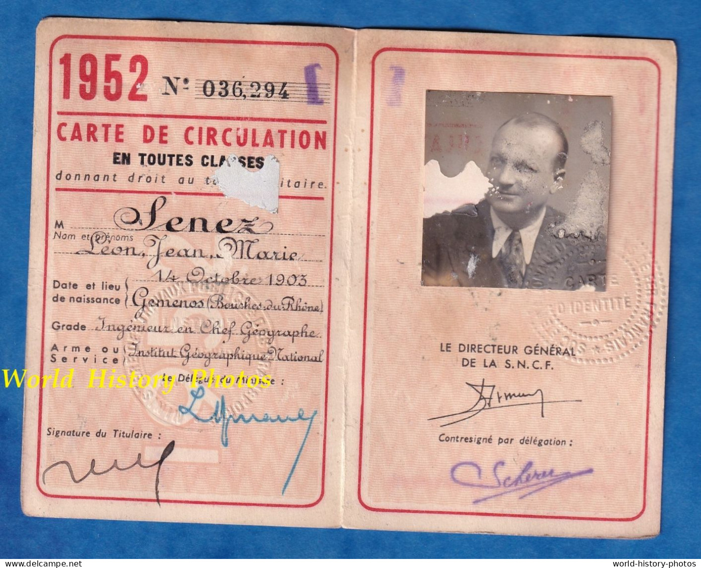Carte De Circulation SNCF Et Compagnies Secondaires Pour Officier - 1952 - Léon SENEZ De Géménos Ingénieur - Train Tarif - Altri & Non Classificati