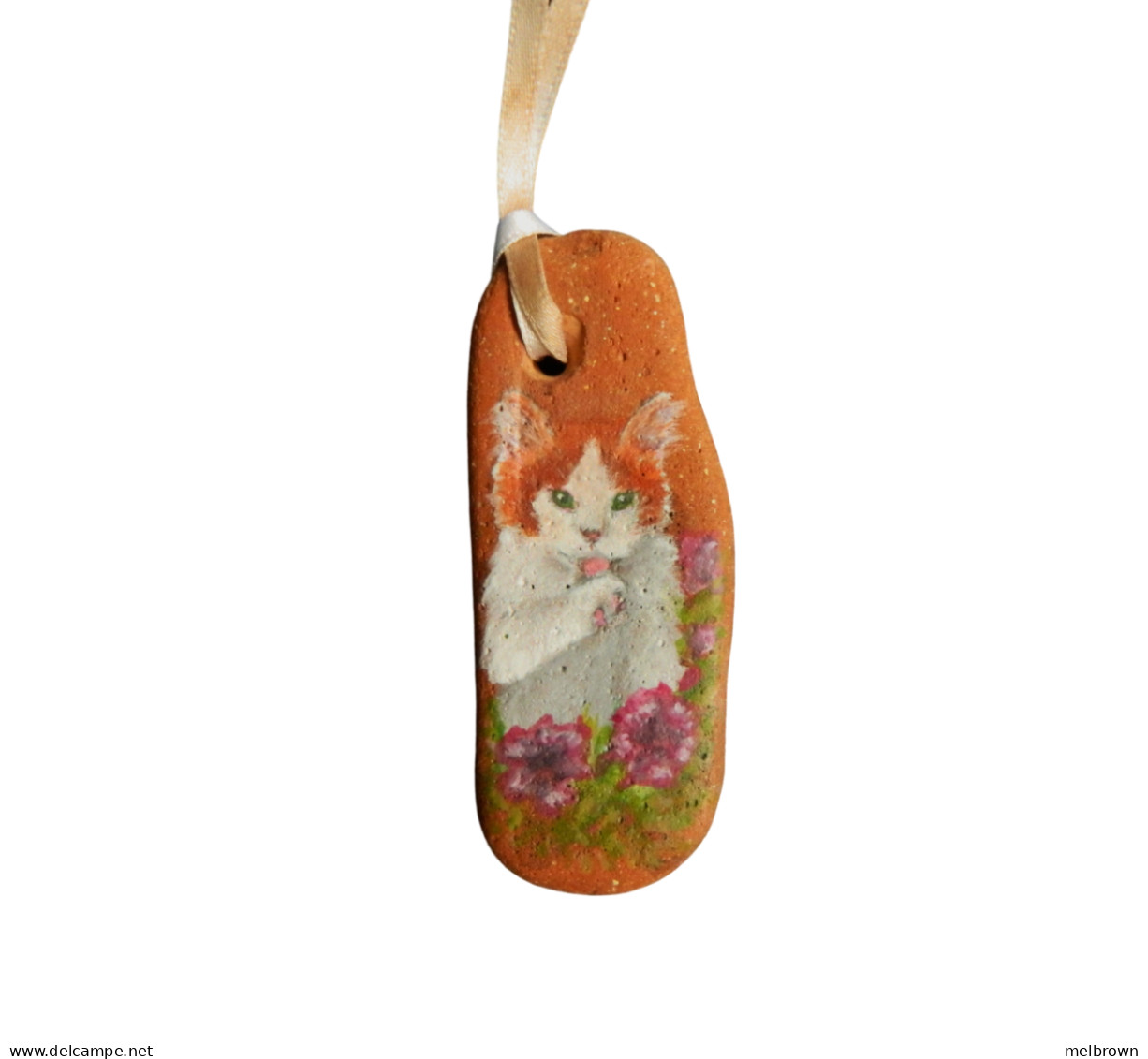Ginger And White Kitten Hand Painted On A Terracotta Pendant - Animals