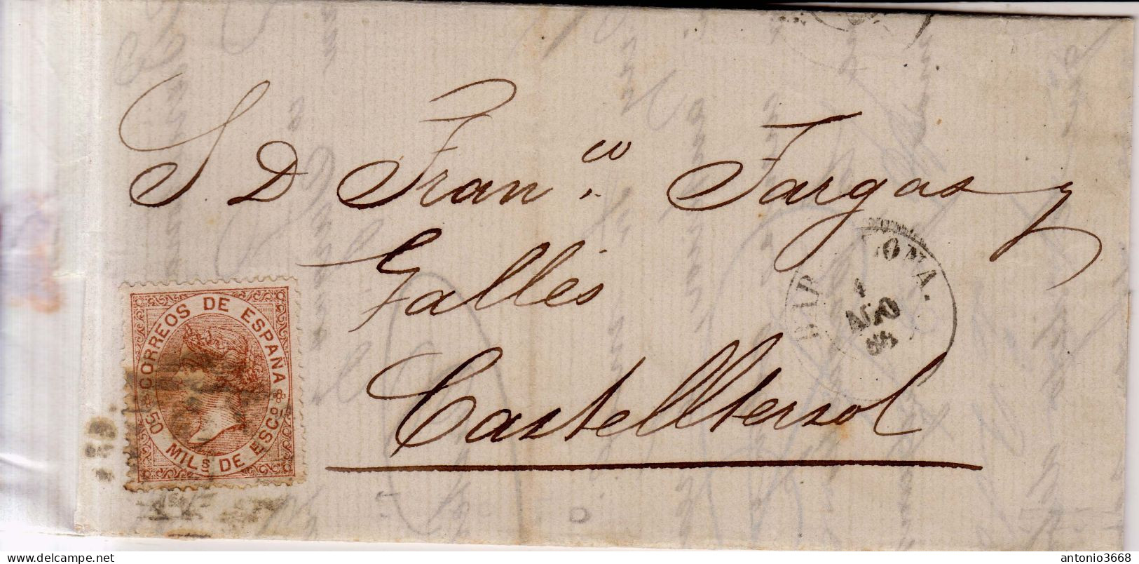 Año 1867 Edifil 96 50m Isabel II  Carta A Castelltersol Matasellos Rejilla Cifra  2 Barcelona Juan Salvado - Cartas & Documentos