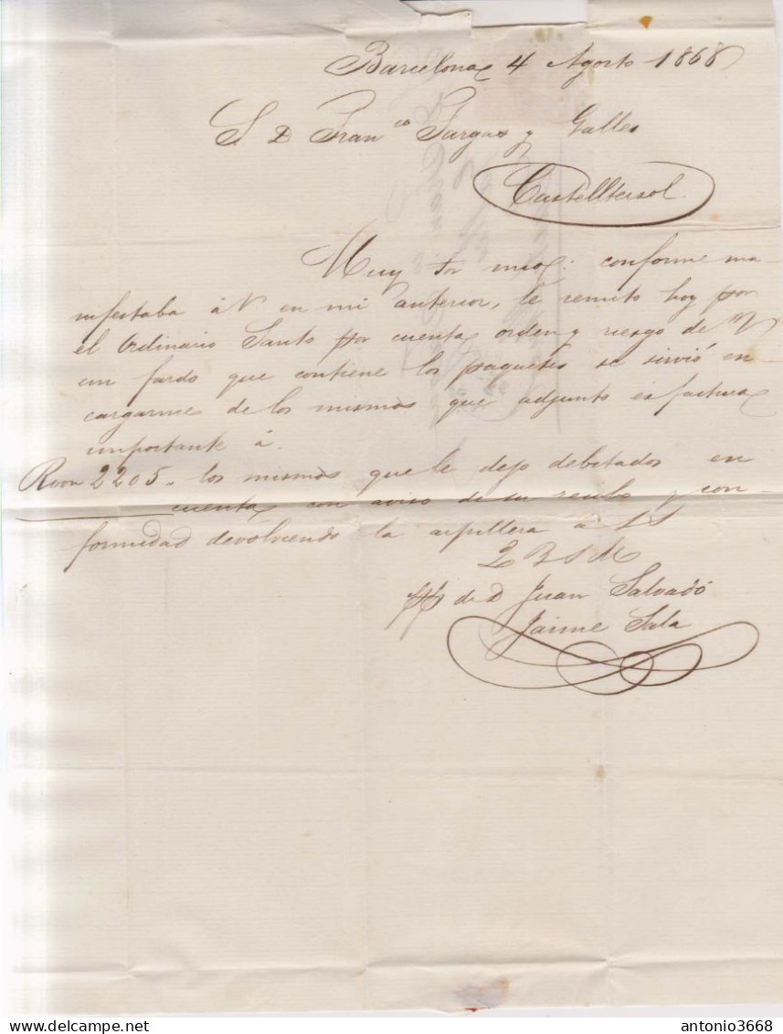 Año 1867 Edifil 96 50m Isabel II  Carta A Castelltersol Matasellos Rejilla Cifra  2 Barcelona Juan Salvado - Lettres & Documents