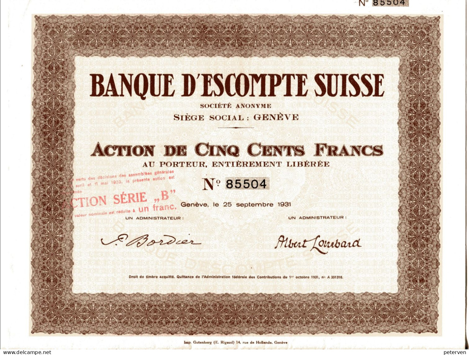 BANQUE D'ESCOMPTE SUISSE - Banque & Assurance