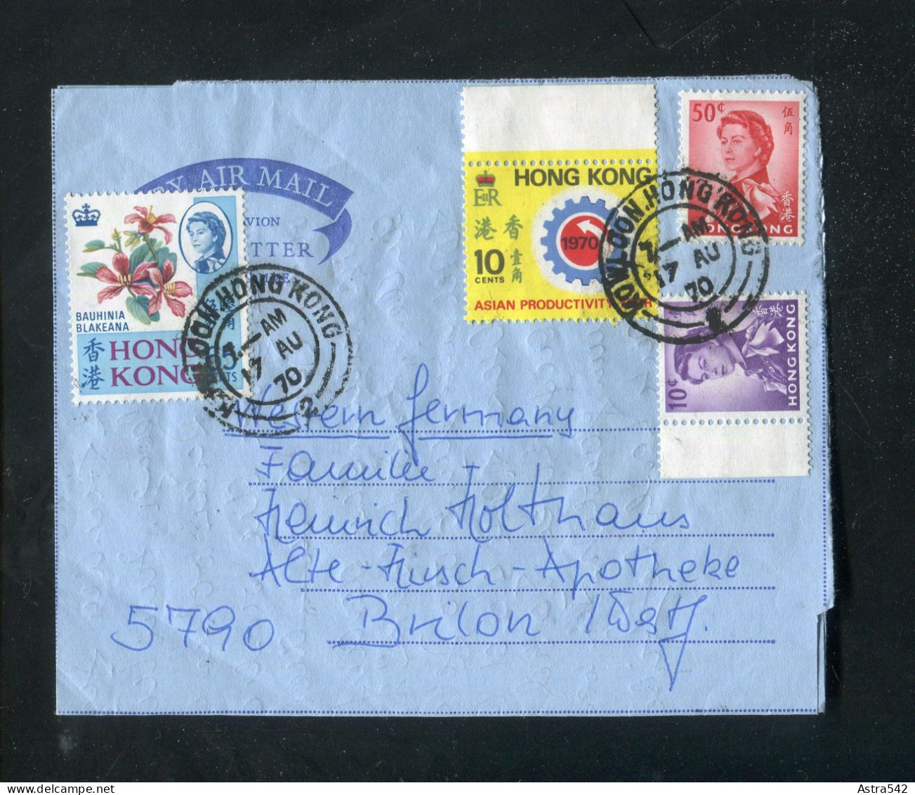 "HONGKONG" 1970, Aerogramm Mit Int. MiF Nach Deutschland (A0143) - Briefe U. Dokumente