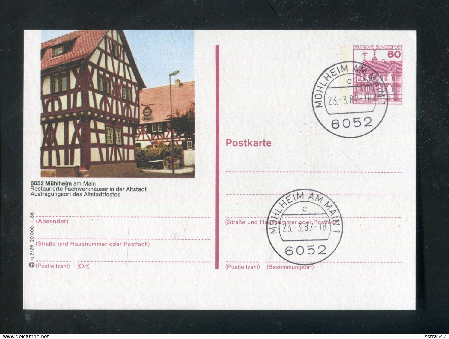 "BUNDESREPUBLIK DEUTSCHLAND" 1986, Bildpostkarte Mit Bildgleichem Stempel Ex "MUEHLHEIM A.M." (A0144) - Cartes Postales Illustrées - Oblitérées