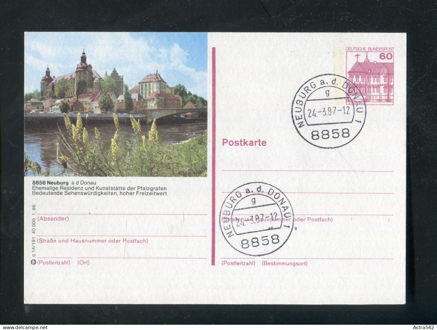 "BUNDESREPUBLIK DEUTSCHLAND" 1986, Bildpostkarte Mit Bildgleichem Stempel Ex "NEUBURG A.d. DONAU" (A0145) - Illustrated Postcards - Used