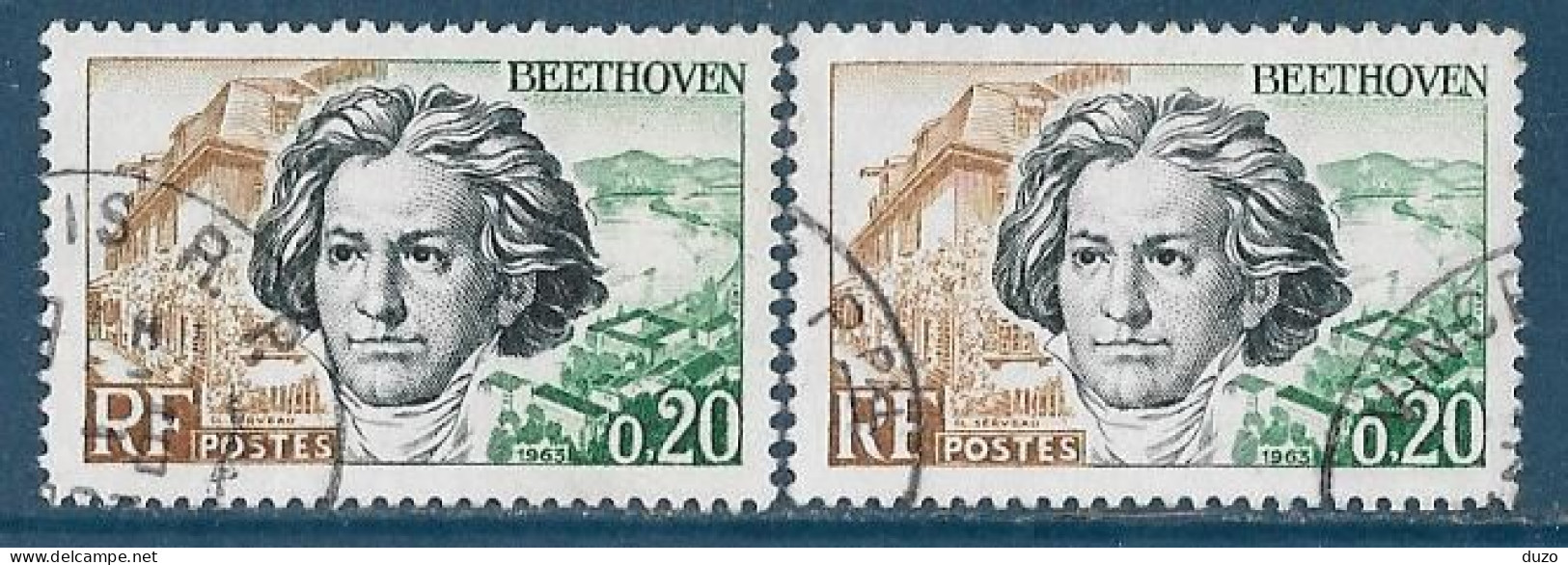 France 1963 - Variété - Y&T N° 1382 Beethoven (oblit) Visage Gris-vert + 1 Normal - Used Stamps