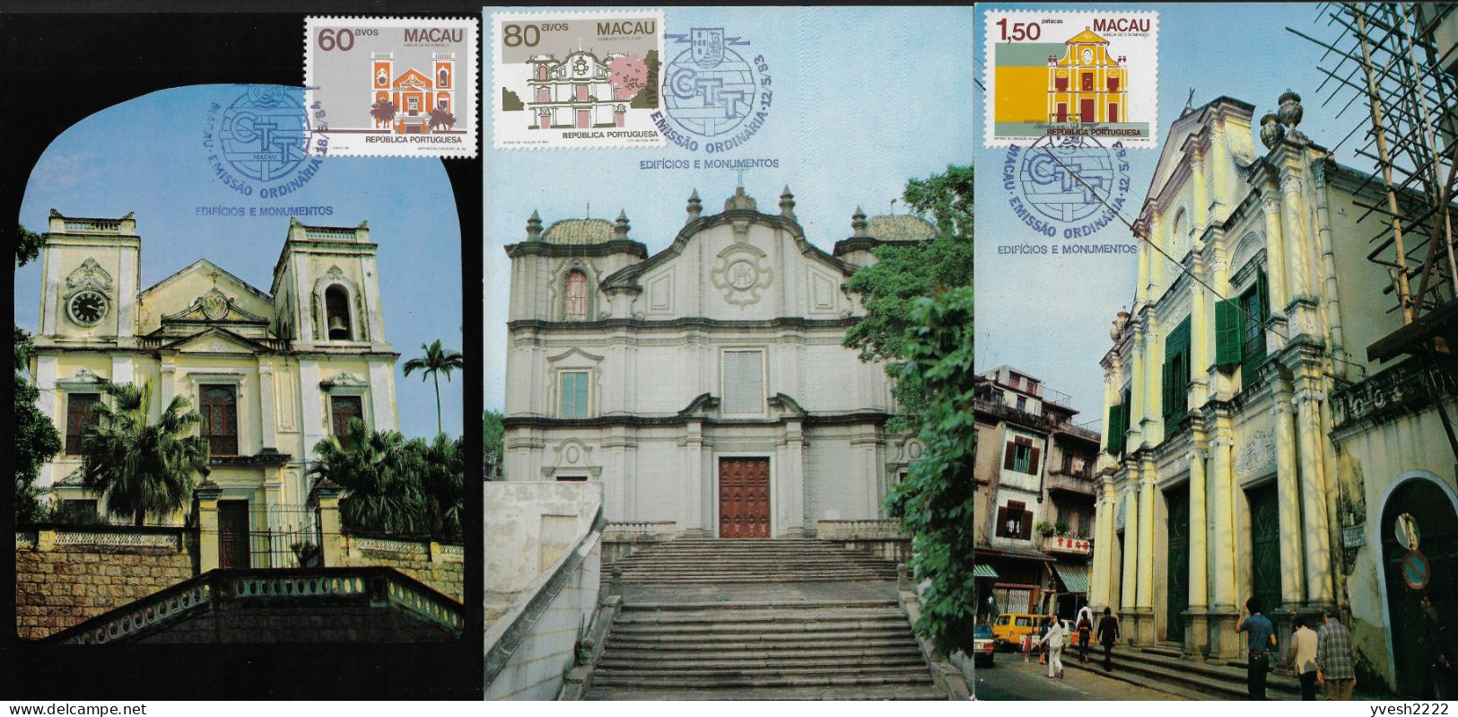 Macao 1983 Et 1984 Y&T 474, 475 Et 491 Sur Cartes Maxima. Églises De Macao : Séminaire Saint Joseph, St Dominique - Churches & Cathedrals