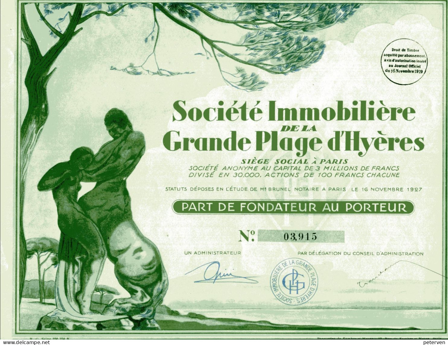 Société Immobilière De La GRANDE-PLAGE D'HYÈRES; Part De Fondateur - Bank & Insurance