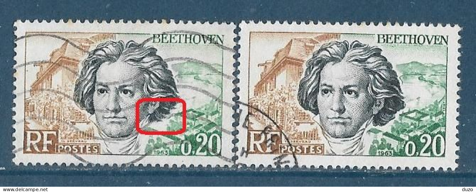 France 1963 - Variété - Y&T N° 1382 Beethoven (oblit) Cheveux Raccoursis à Gauche + 1 Normal - Oblitérés